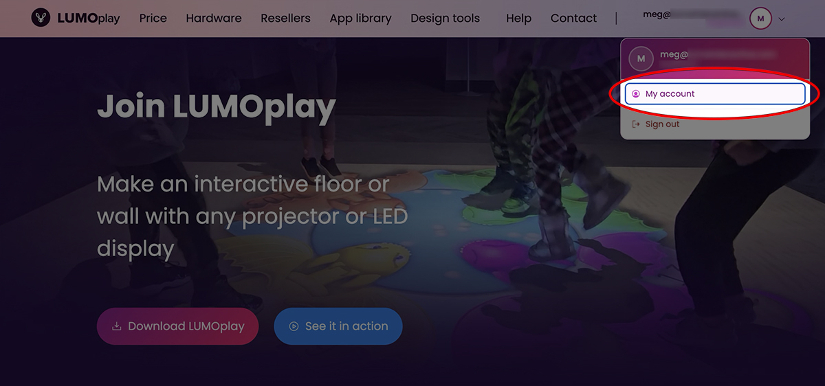 Log in to LUMOplay.com and open your account dashboard by selecting My account from the top right dropdown menu