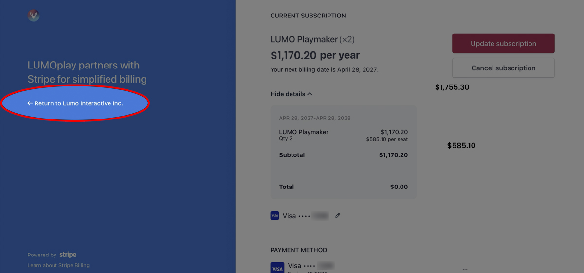 Click the link 'Return to Lumo Interactive Inc. to return to your dashboard on the main website.