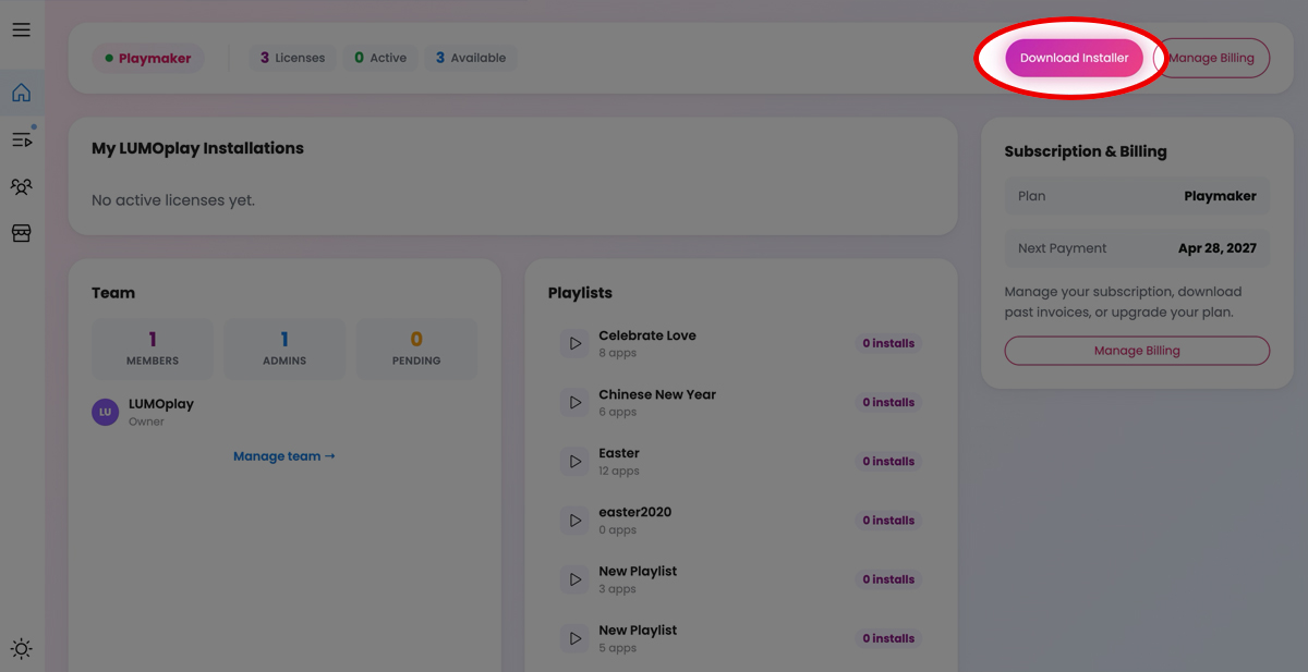 Download the LUMOplay installer using the link in the top right of your account dashboard.