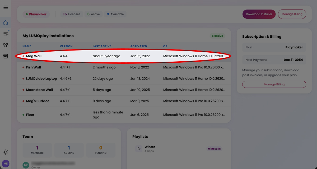 Select the license you want to reset from your list of installations.