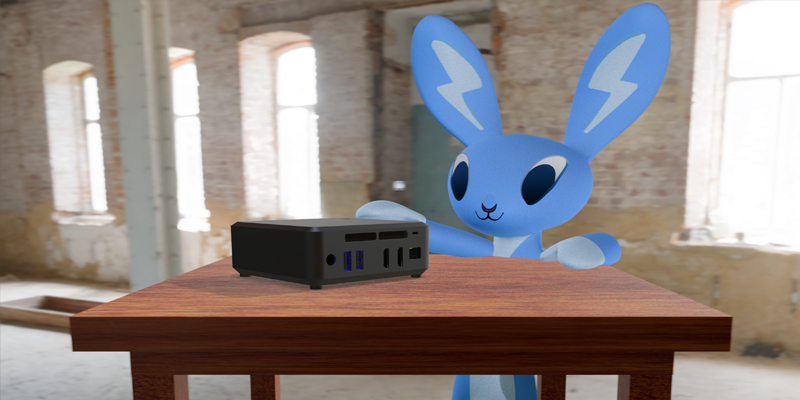 Blue LUMOplay bunny showing a small form factory mini digital signage computer PC for an interactive floor installation.