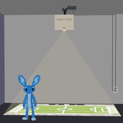 Front view of an interactive projection floor system with no lens displacement installed on the ceiling.