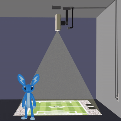 Side view of an interactive projection floor system with no lens displacement installed on the ceiling.