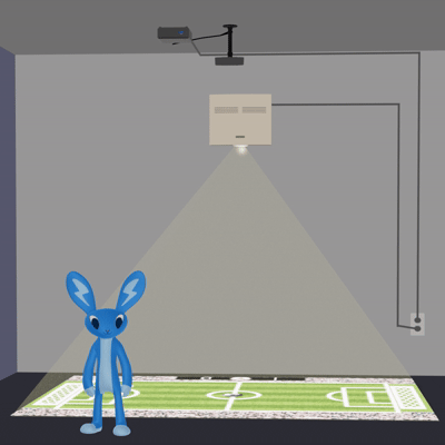 Front view of an interactive projection floor system with lens displacement installed on the wall.
